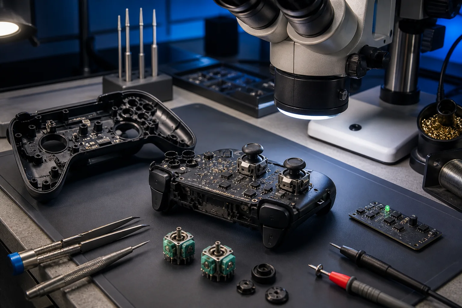 PS5 DualSense oyun kolunda analog modüllerin teknik servis tezgâhında incelenmesi