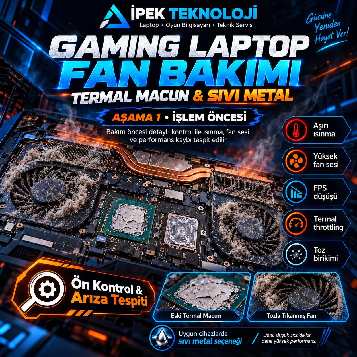 Bakım öncesi tozlanmış gaming laptop fanları ve kurumuş termal macun