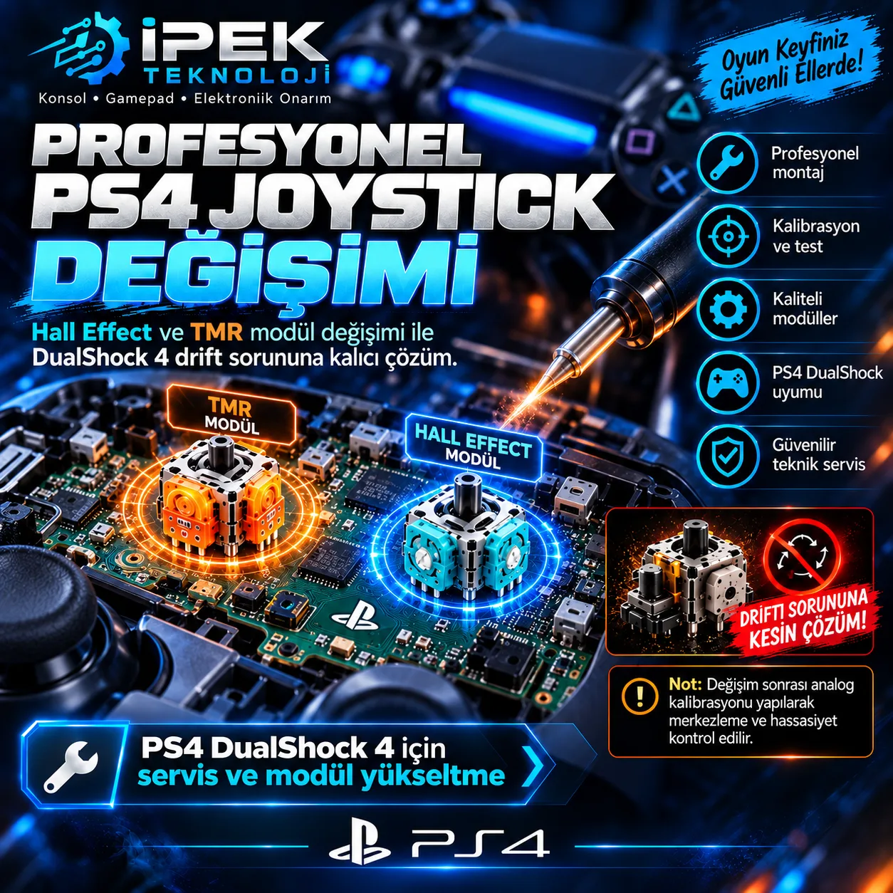 PS4 DualShock 4 oyun kolunda Hall Effect ve TMR joystick modülü değişimi