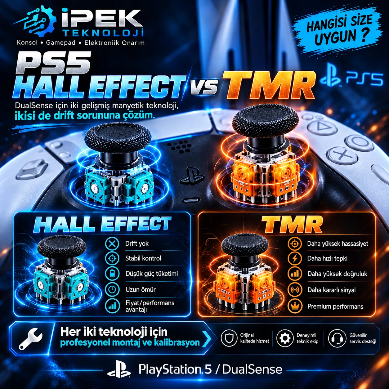 PS5 DualSense için Hall Effect ve TMR joystick modüllerinin karşılaştırılması