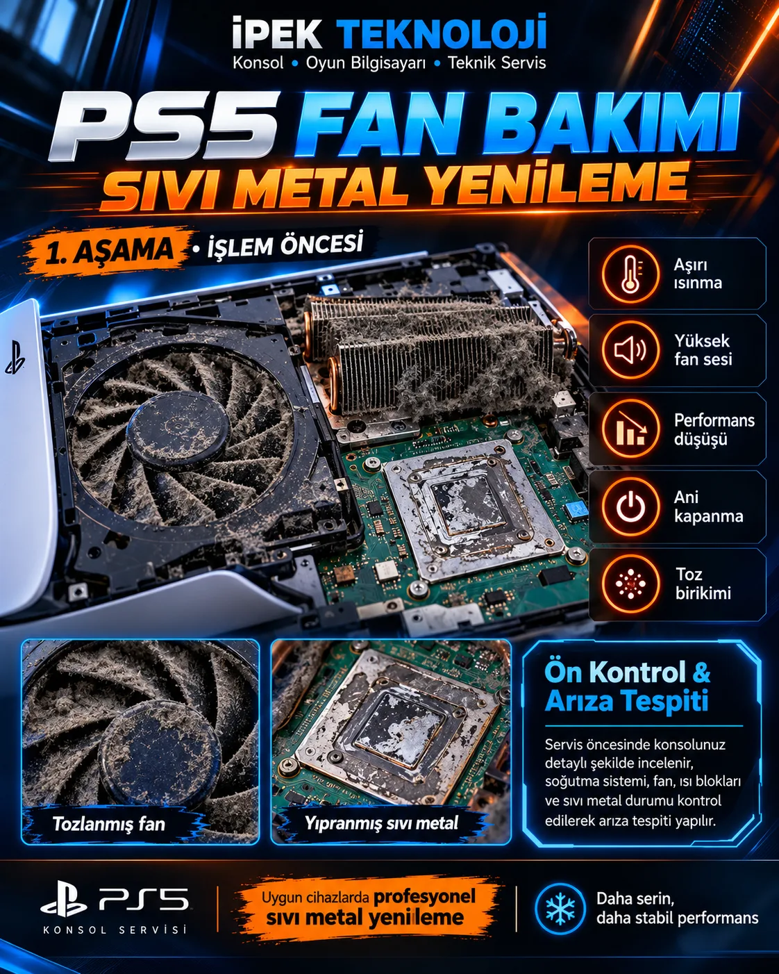 Bakım öncesi tozlanmış PS5 fanı ve soğutma sistemi